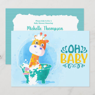Cute Blauwgroen Bathtub Giraffe Baby shower Uitnod Kaart