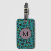 Cute Blauwgroen Floral Pattern Monogram Bagagelabel (Voorkant (verticaal))