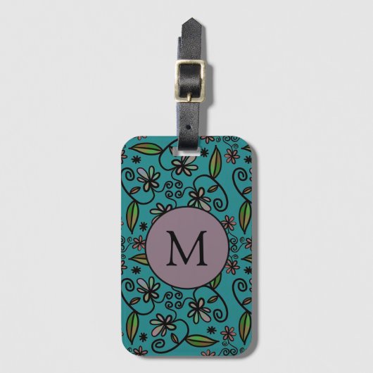 Cute Blauwgroen Floral Pattern Monogram Bagagelabel (Voorkant (verticaal))