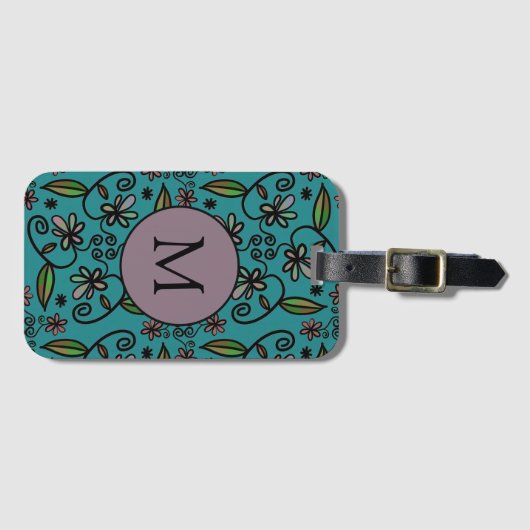 Cute Blauwgroen Floral Pattern Monogram Bagagelabel (Voorkant (horizontaal))