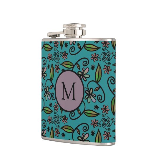 Cute Blauwgroen Floral Pattern Monogram Heupfles (Links)