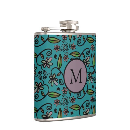 Cute Blauwgroen Floral Pattern Monogram Heupfles (Rechts)