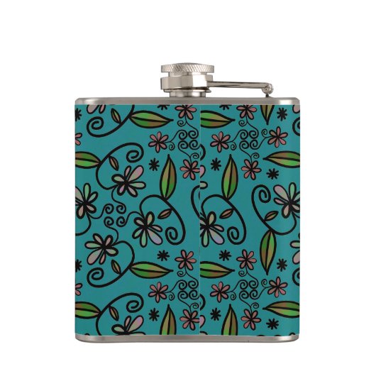 Cute Blauwgroen Floral Pattern Monogram Heupfles (Achterkant)