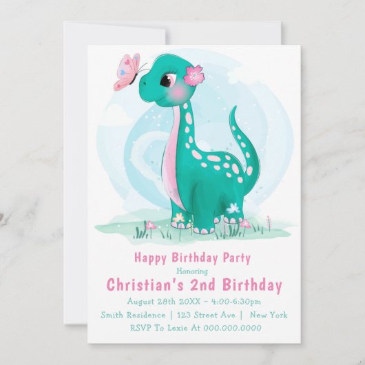 Cute Blauwgroen Roze Dinosaur 2e verjaardag Uitnod (Voorkant)