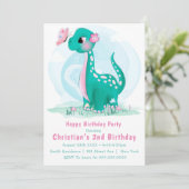 Cute Blauwgroen Roze Dinosaur 2e verjaardag Uitnod (Staand voorkant)