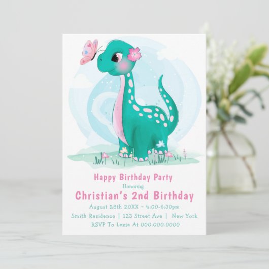 Cute Blauwgroen Roze Dinosaur 2e verjaardag Uitnod (Staand voorkant)