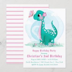 Cute Blauwgroen Roze Dinosaur 2e verjaardag Uitnod