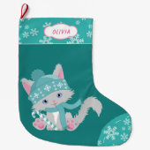 Cute Blauwgroen Snowflake Kitten Grote Kerstsok (Voorkant)