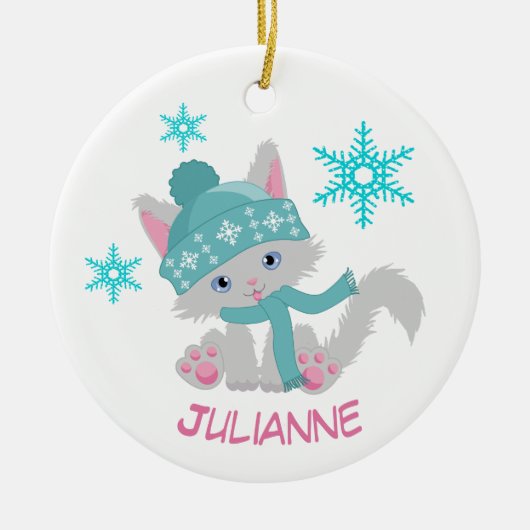 Cute Blauwgroen Snowflake Kitten Keramisch Ornament (Voorkant)