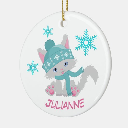 Cute Blauwgroen Snowflake Kitten Keramisch Ornament (Links)