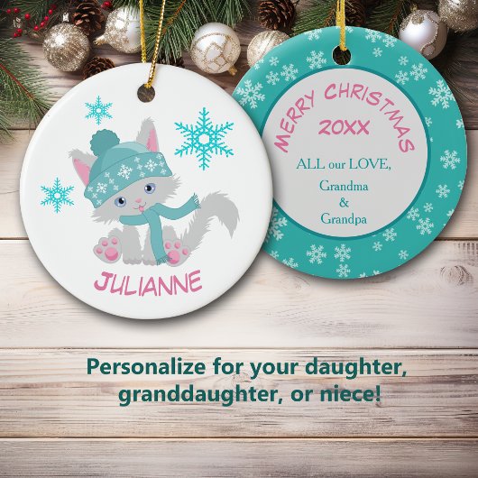 Cute Blauwgroen Snowflake Kitten Keramisch Ornament