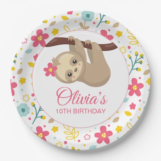 Cute Bloem Luiaard Verjaardagsfeest Bord (Voorkant)
