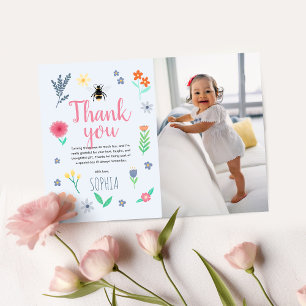 Cute bloemige bij kinderen verjaardagsfoto bedankkaart