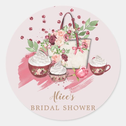 cute bloemige cupcake bruiloftsfeest roze monogram ronde sticker (Voorkant)