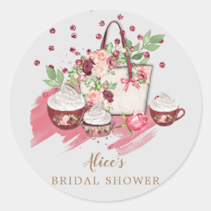 cute bloemige cupcake bruiloftsfeest roze monogram ronde sticker