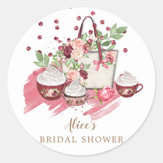 cute bloemige cupcake bruiloftsfeest roze monogram ronde sticker (Voorkant)