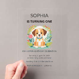 Cute Bloemige Hond Kinderen Eerste Verjaardag  Acryl Uitnodigingen