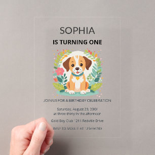 Cute Bloemige Hond Kinderen Eerste Verjaardag Acryl Uitnodigingen