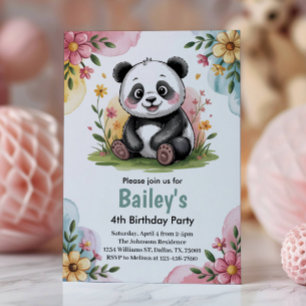 Cute Bloemige Kinder Panda 4de Verjaardagsfeestje Kaart