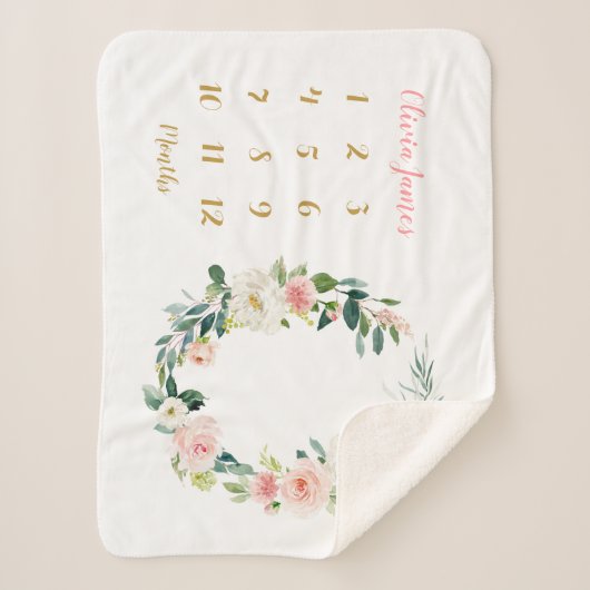 Cute Bloemige Mijlpaal Baby Meisje Maandelijkse Ba Sherpa Deken (Voorkant)