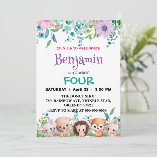 Cute bloemrijke dierentuin jungle Dieren Verjaarda Kaart (Staand voorkant)