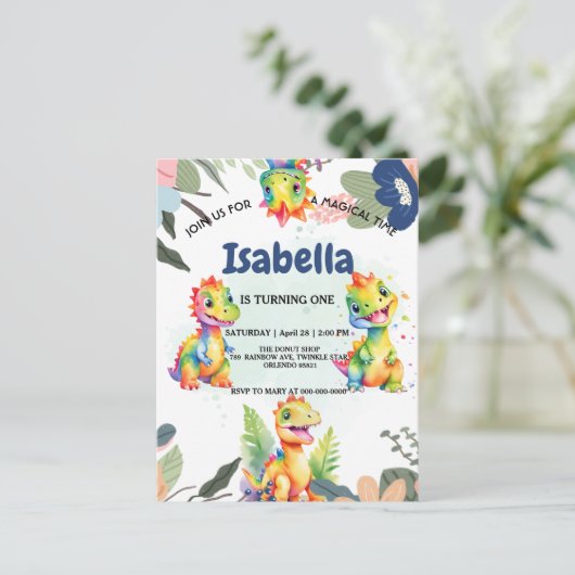 Cute Bloemrijke Regenboog Dinosaur Happy Verjaarda Briefkaart (Staand voorkant)