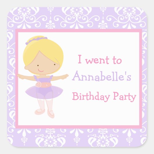 Cute Blonde Ballerina Birthday Party Vierkante Sticker (Voorkant)