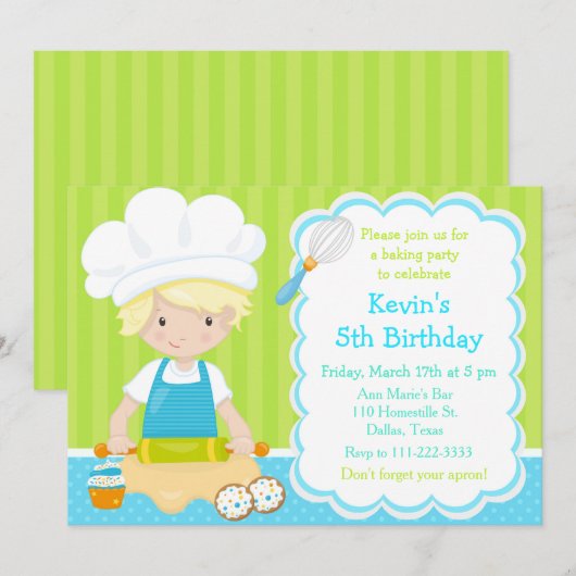 Cute Blonde Boy Baking Birthday Party Kaart (Voorkant / Achterkant)
