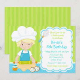 Cute Blonde Boy Baking Birthday Party Kaart