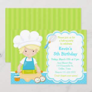 Cute Blonde Boy Baking Birthday Party Kaart