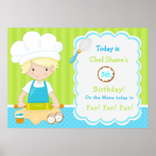 Cute Blonde Boy Baking Birthday Poster