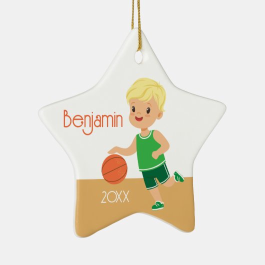 Cute Blonde Boy Basketball Persoonlijke Kerstmis Keramisch Ornament (Rechts)