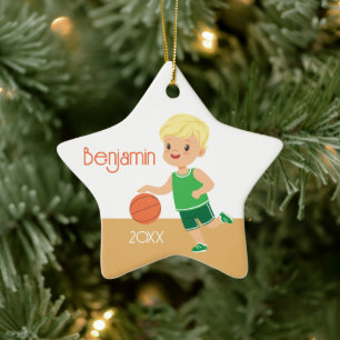 Cute Blonde Boy Basketball Persoonlijke Kerstmis Keramisch Ornament