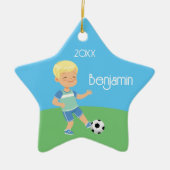 Cute Blonde Boy Soccer Persoonlijke Kerstmis Keramisch Ornament (Voorkant)