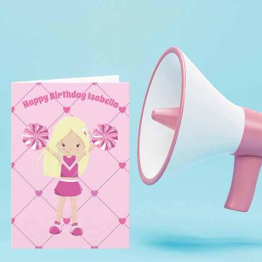 Cute Blonde Cheerleader Custom Pink Birthday Girl Kaart