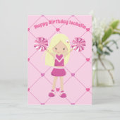 Cute Blonde Cheerleader Custom Pink Girls Birthday Kaart (Staand voorkant)