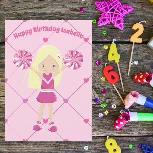 Cute Blonde Cheerleader Custom Pink Girls Birthday Kaart
