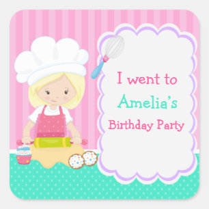 Cute Blonde Girl Baking Birthday Party Vierkante Sticker