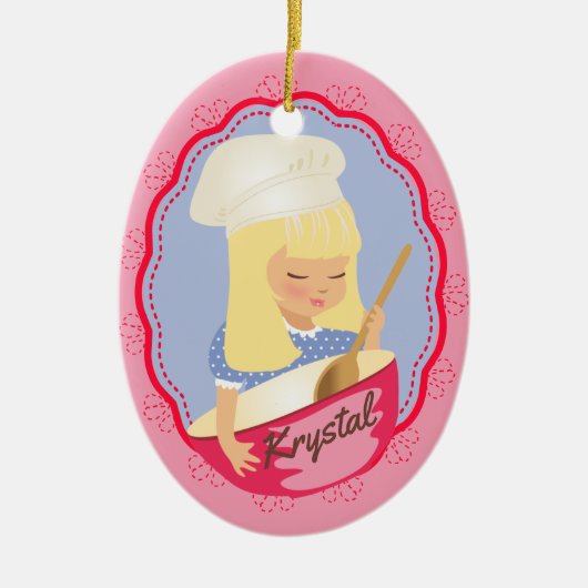 Cute blonde girl chef bakker personaliseerde kerst keramisch ornament (Voorkant)