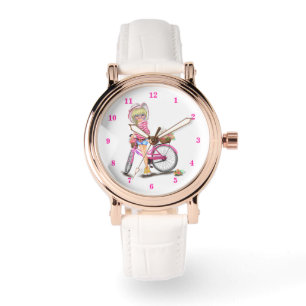 Cute Blonde Girl en Pink Bike met Kat in Flowers Horloge