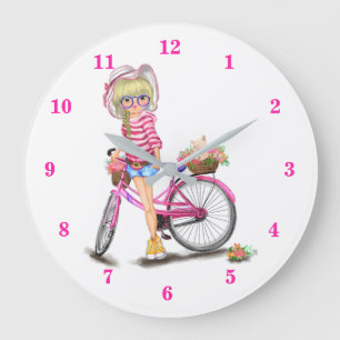 Cute Blonde Girl met roze bike en kat in bloemen Grote Klok