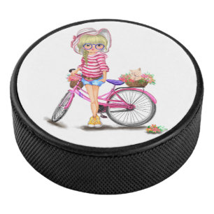 Cute Blonde Girl met roze bike en kat in bloemen Hockey Puck