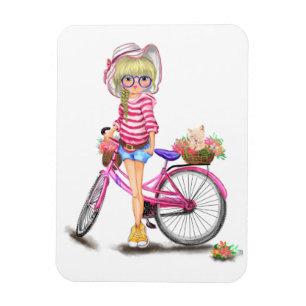 Cute Blonde Girl met roze bike en kat in bloemen Magneet