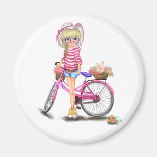 Cute Blonde Girl met roze bike en kat in bloemen Magneet