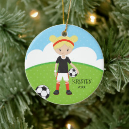 Cute Blonde Girl Soccer Persoonlijke Kerstmis Keramisch Ornament