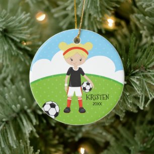 Cute Blonde Girl Soccer Persoonlijke Kerstmis Keramisch Ornament