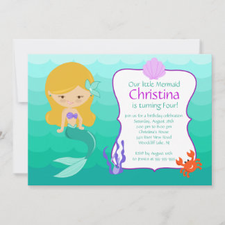 Cute Blonde Mermaid Birthday Uitnodiging