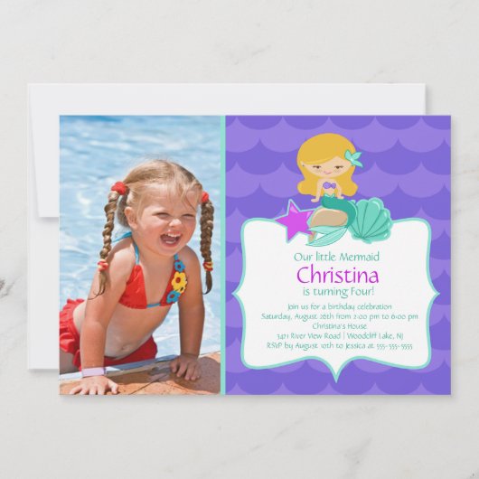Cute Blonde Mermaid Photo Birthday Invitation Kaart (Voorkant)
