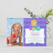 Cute Blonde Mermaid Photo Birthday Invitation Kaart (Staand voorkant)