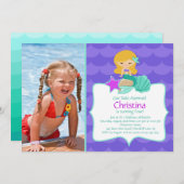 Cute Blonde Mermaid Photo Birthday Invitation Kaart (Voorkant / Achterkant)